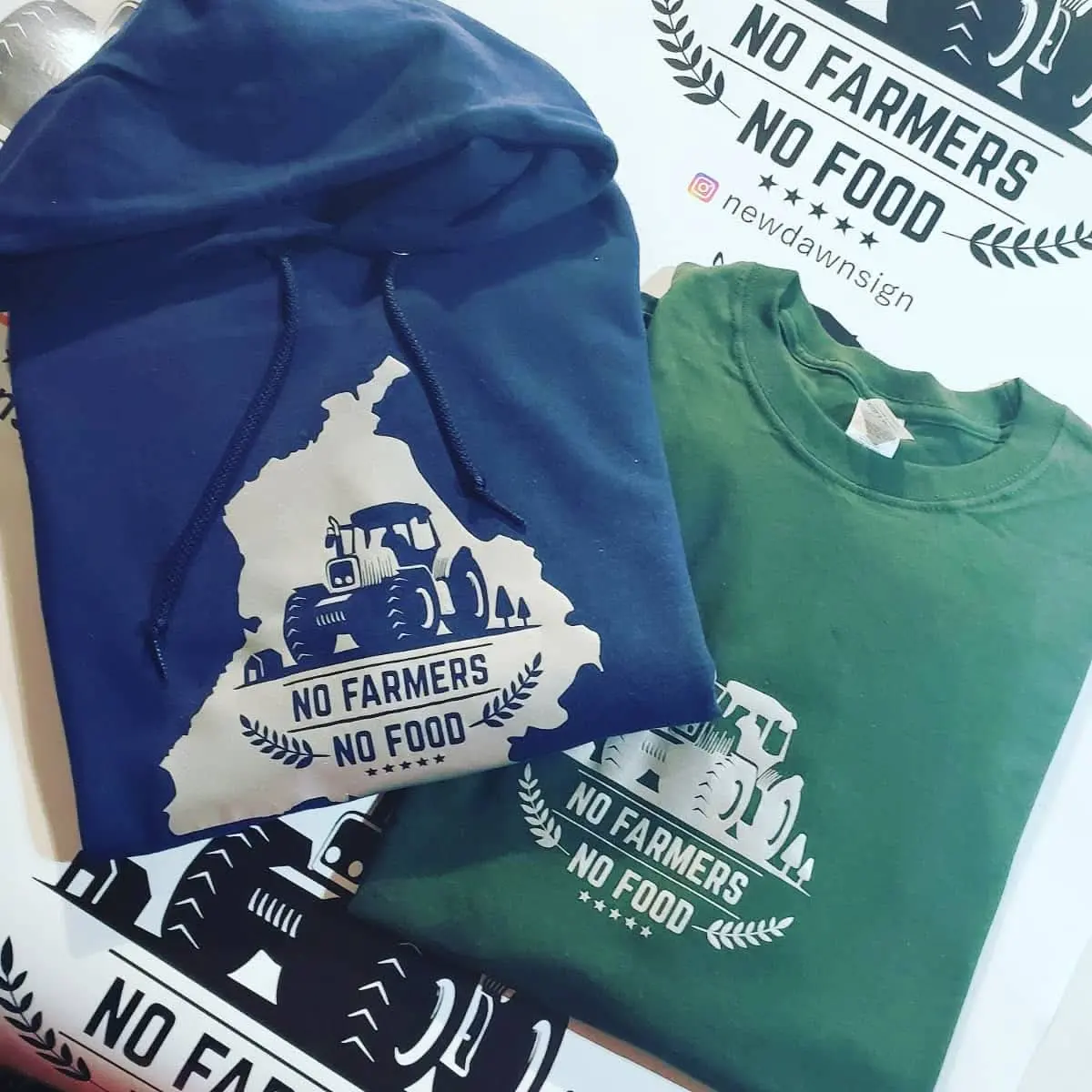 Navy hoodie and green t-shirt with matching No Farmers No Food prints